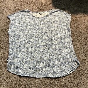Orvis Women's Blue White Printed Linen Blend Short Sleeve Top XL